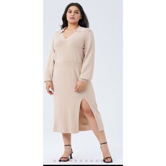Cider Curve Beige Knit Dress, V Neck, Front Split, Long Sleeve, NWT, 1XL - Picture 1 of 4